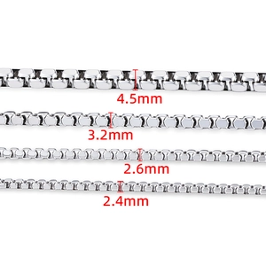 Stainless steel square box chain in four widths: 2.4mm, 2.6mm, 3.2mm and 4.5mm