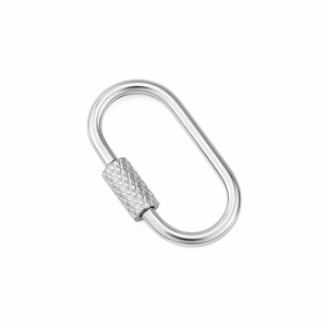 Polished silver oval screw lock carabiner for jewelry with knurled non-slip texture