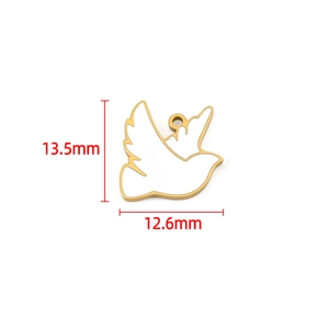 Detail of golden peace dove charm with white enamel and 13.5mm by 12.6mm dimensions
