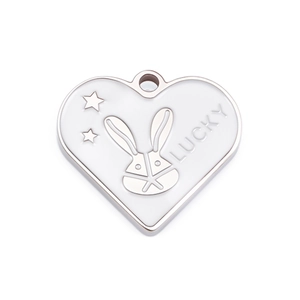 Silver stainless steel heart pendant with white enamel bunny and Lucky engraving