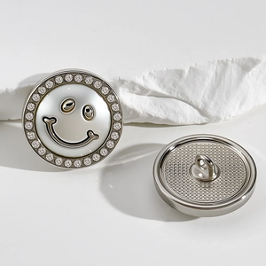 Silver smiley face buttons with rhinestone border for jewelry and garment accessories