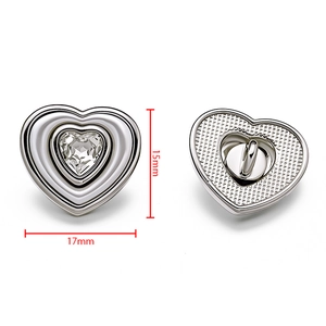Silver heart shaped buttons with rhinestone inlay and triple layer metal ripple design