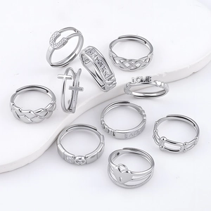 Stainless Steel Adjustable Open Rings For Women Vintage Heart Lock Cross Love Letter Rhinestone Fashion Jewelry Finger Ring