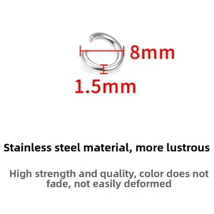 Macro detail of 8mm stainless steel open jump rings with 1.5mm wire for DIY jewelry