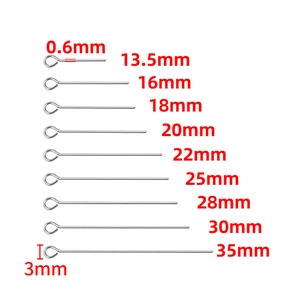 Detailed size chart showing 0.6mm thickness stainless steel eye pins in various lengths