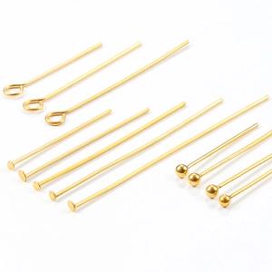Golden stainless steel jewelry DIY pins including eye pins, flat head pins and ball head pins
