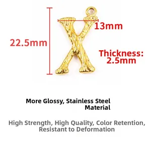 Detailed size specifications for a gold-plated stainless steel letter X pendant