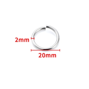 Detail view of a 2mm thick silver stainless steel open jump ring with 20mm diameter