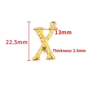Gold 18K plated stainless steel letter X pendant with wood grain texture and size specs