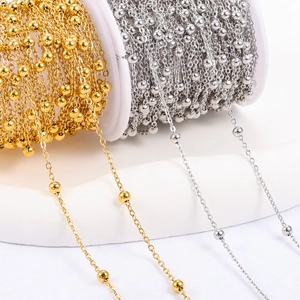 Gold and silver stainless steel satellite beaded chains on spools for DIY jewelry making