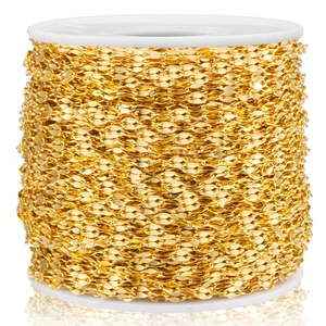 Golden stainless steel bead chain on white reel for DIY jewelry making and necklace crafts
