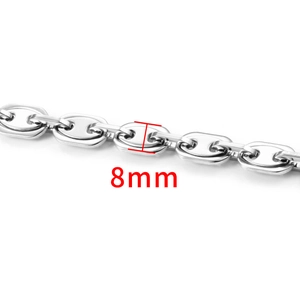 Macro detail of 8mm stainless steel coffee bean link chain with polished finish