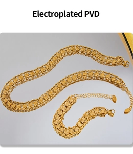Detailed view of PVD plated gold jewelry set with textured plates and multi-row chains