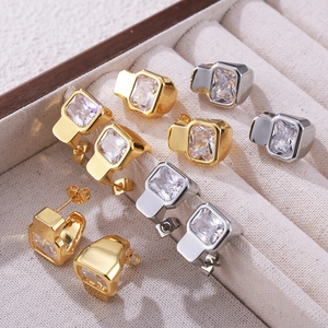 Hepburn style geometric 18k gold plated earrings with large rectangular cubic zirconia