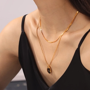 French design double layer necklace with tiger eye pendant in 18k gold plated titanium