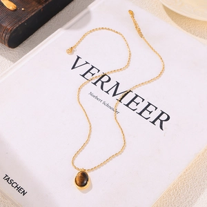 French vintage 18k gold plated stainless steel necklace with oval tiger eye stone pendant