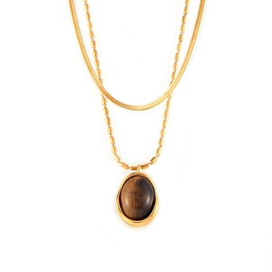 Double-layered 18k gold plated necklace featuring an oval tiger eye stone pendant