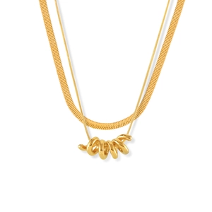 Collar de doble capa bañada en oro de 18k con cadena de serpiente y colgante espiral