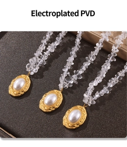 Detail of PVD gold plated oval necklaces with faux pearl and crystal stone beads