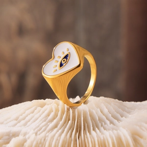 Bohemian Evil Eye Heart Signet Ring Titanium Steel Gold Plated White Enamel Vintage Band For Women Fashion Accessories