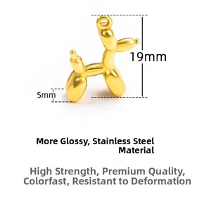 Macro shot of 19mm gold stainless steel balloon dog pendant with dimension measurements