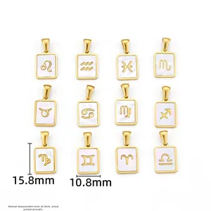 Set of 12 gold plated stainless steel rectangle zodiac pendants with white shell inlay