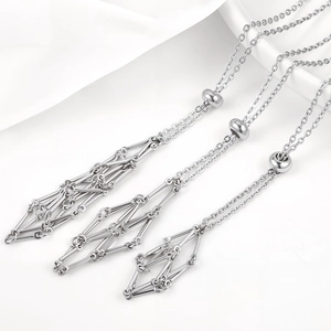 Silver adjustable stainless steel mesh cage necklace with geometric chain and sliding bead