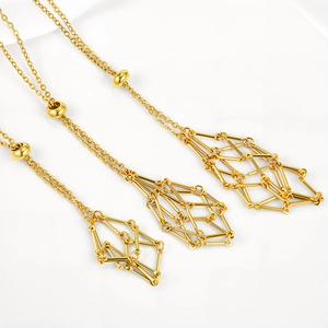 Bamboo style woven cage chain necklace with geometric hollow gold pendant