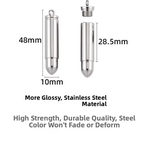 Polished stainless steel bullet pendant with detailed dimensions 48mm by 10mm
