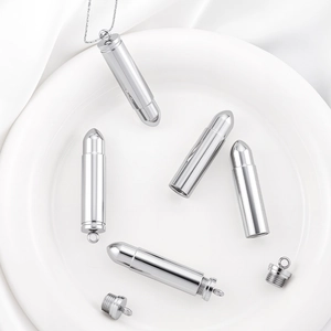 Polished silver bullet pendant necklace with chain and screw opening feature