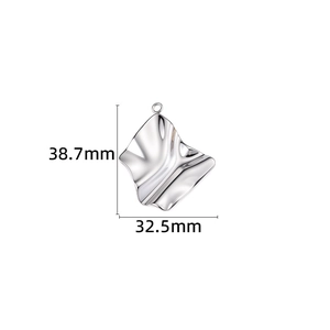 Macro shot of silver irregular wavy metal pendant with measurement dimensions 38.7mm height