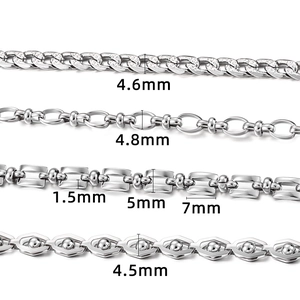 Detail view of four styles of silver stainless steel chains with precise width measurements