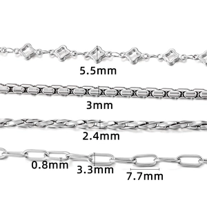 Four styles of stainless steel jewelry chains including flower, box, and link textures