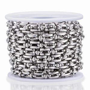 Silver stainless steel geometric bead chain on white spool for DIY jewelry making