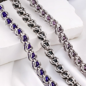 Handmade stainless steel link chain necklaces with blue black and purple beads detail