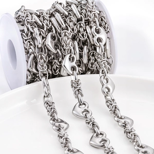 Silver stainless steel Byzantine chain with heart links on a white spool for DIY jewelry