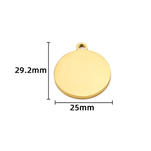 Detailed dimension view of large gold stainless steel round disc pendant at 25mm diameter