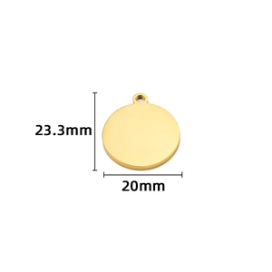 Polished 20mm round gold stainless steel disc pendant with measurements displayed