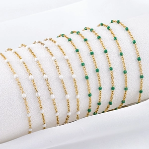 Gold stainless steel beaded chain with white and green enamel drops for DIY jewelry making