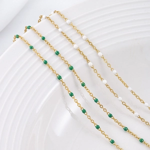 Golden stainless steel chain with green and white enamel beads for DIY jewelry making