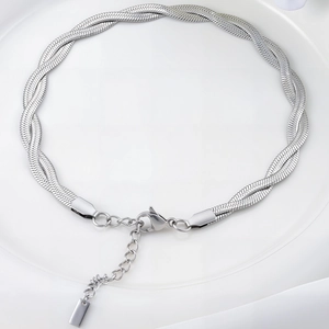 Braided stainless steel flat snake bone chain necklace with lobster clasp in bright silver