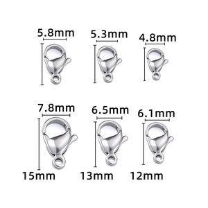 Fermoirs mousquetons en acier inoxydable poli en plusieurs tailles de 12 mm à 15 mm de haut