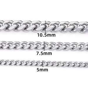 Trois largeurs de chaînes cubaines en acier inoxydable poli de 5mm, 7,5mm et 10,5mm