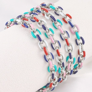 Bright silver stainless steel chain with colorful enamel oval links for DIY jewelry
