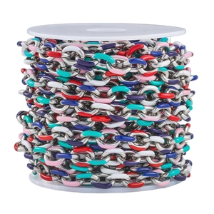 Colorful enamel oval stainless steel chain links on white reel for DIY jewelry making