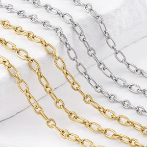 Stainless Steel Textured Oval Link Chain For DIY Jewelry Making Material Fashion Gold Silver Plated Roll Chain Accessory