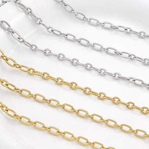 Textured oval link stainless steel jewelry chain in gold and silver finishes
