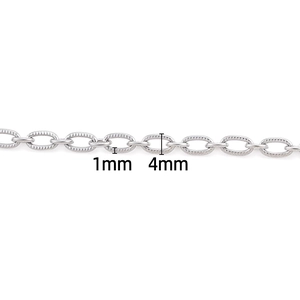 Detailed 4mm silver textured oval link chain made of high quality stainless steel