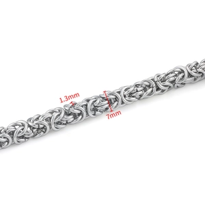 Macro view of 7mm stainless steel Byzantine chain with 1.3mm wire diameter details