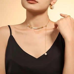 Elegant 18k gold plated wheat leaf necklace set with pearls and matching hoop earrings